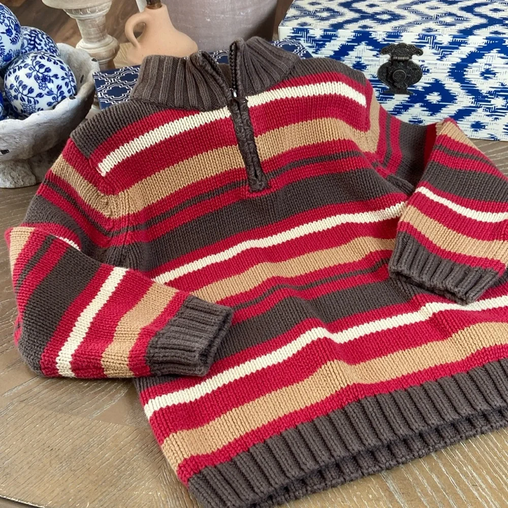 Boys Gymboree Red & Brown Striped 1/4 Zip Sweater Size Small